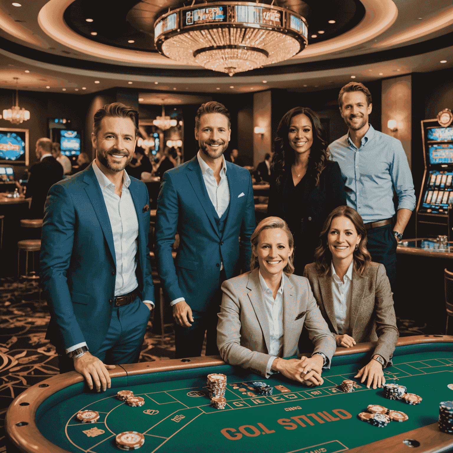 The Reel Joy Land team in their Canadian office, a diverse group of professionals collaborating in a modern, open-plan workspace with casino-themed decor