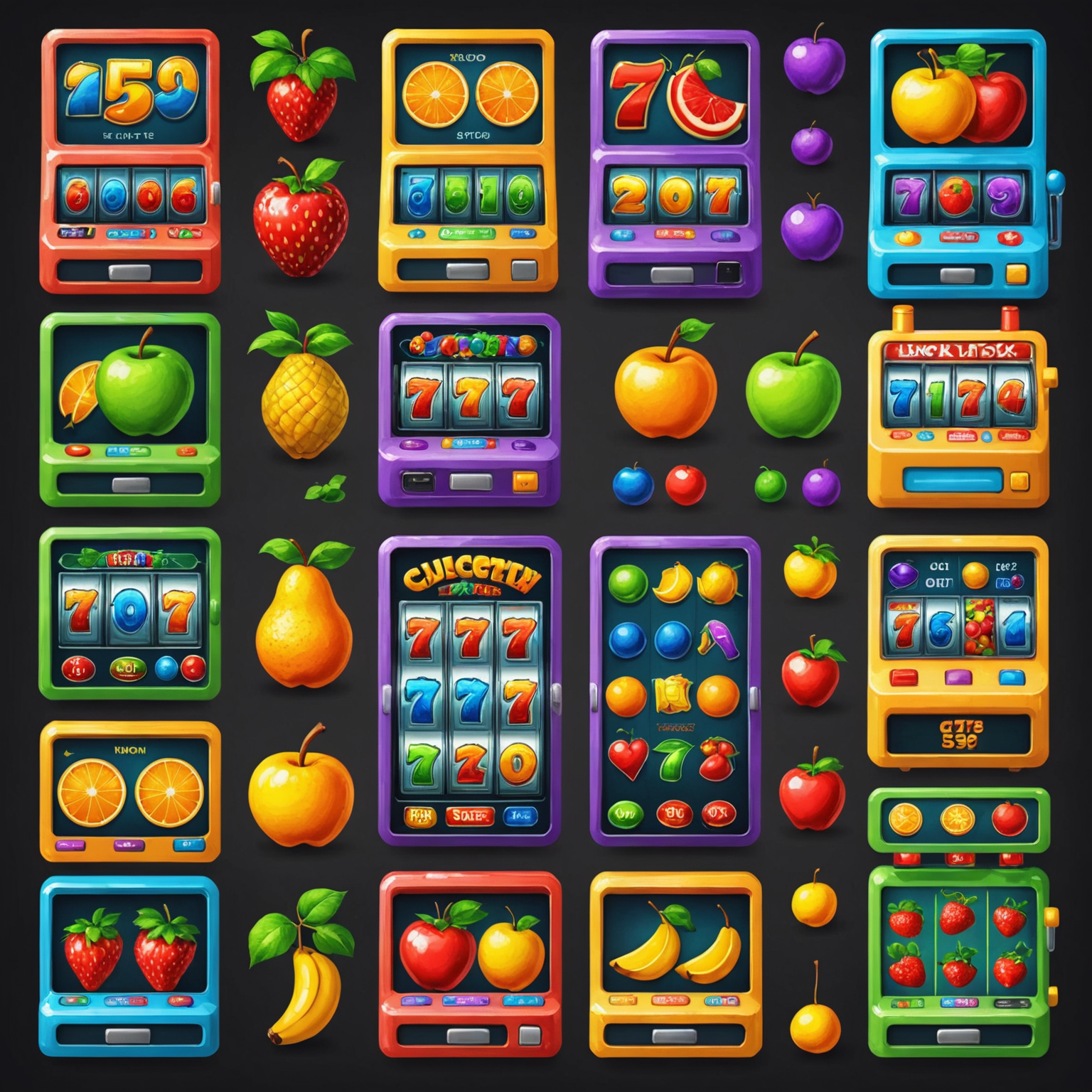 Collage of 5 colorful slot machines with simple interfaces, bright fruits, and lucky 7 symbols, perfect for beginners