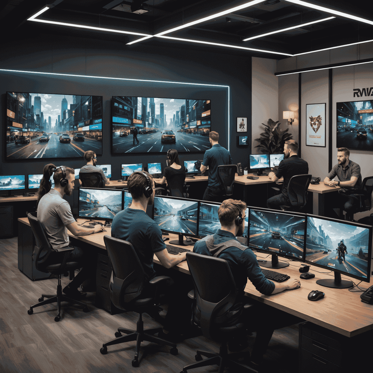 A team of diverse game developers working in a modern office space with Canadian-inspired decor, focusing on social casino game design on large monitors