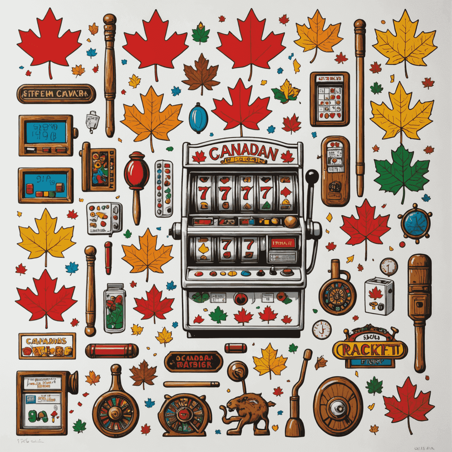 A whiteboard filled with colorful sketches of slot machine designs, featuring Canadian symbols like maple leaves, beavers, and hockey sticks