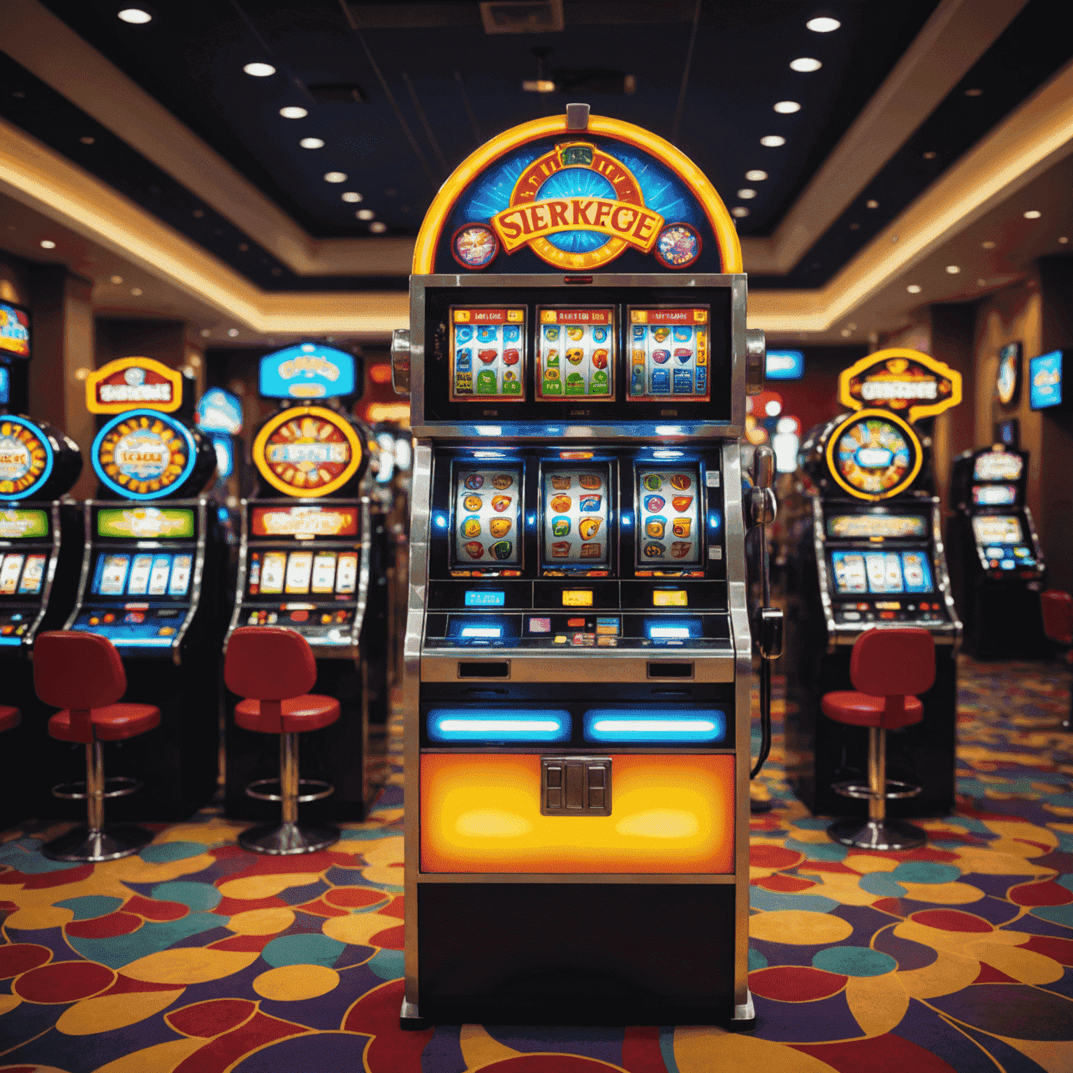 Five slot machines with simple interfaces, bright colors, and beginner-friendly symbols. The machines are arranged in a welcoming semicircle, inviting new players to try their luck.