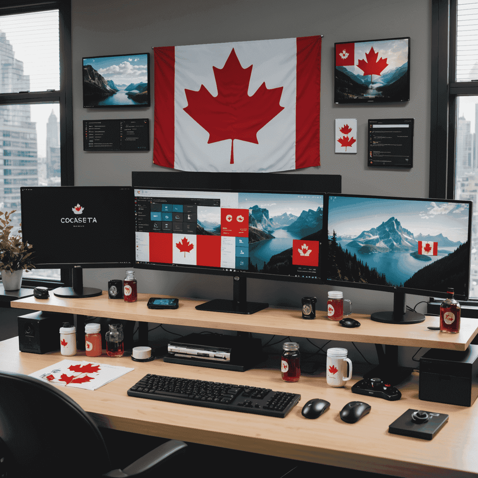 A developer's desk with multiple screens showing code and game graphics, with a small Canadian flag and a maple syrup bottle as decoration