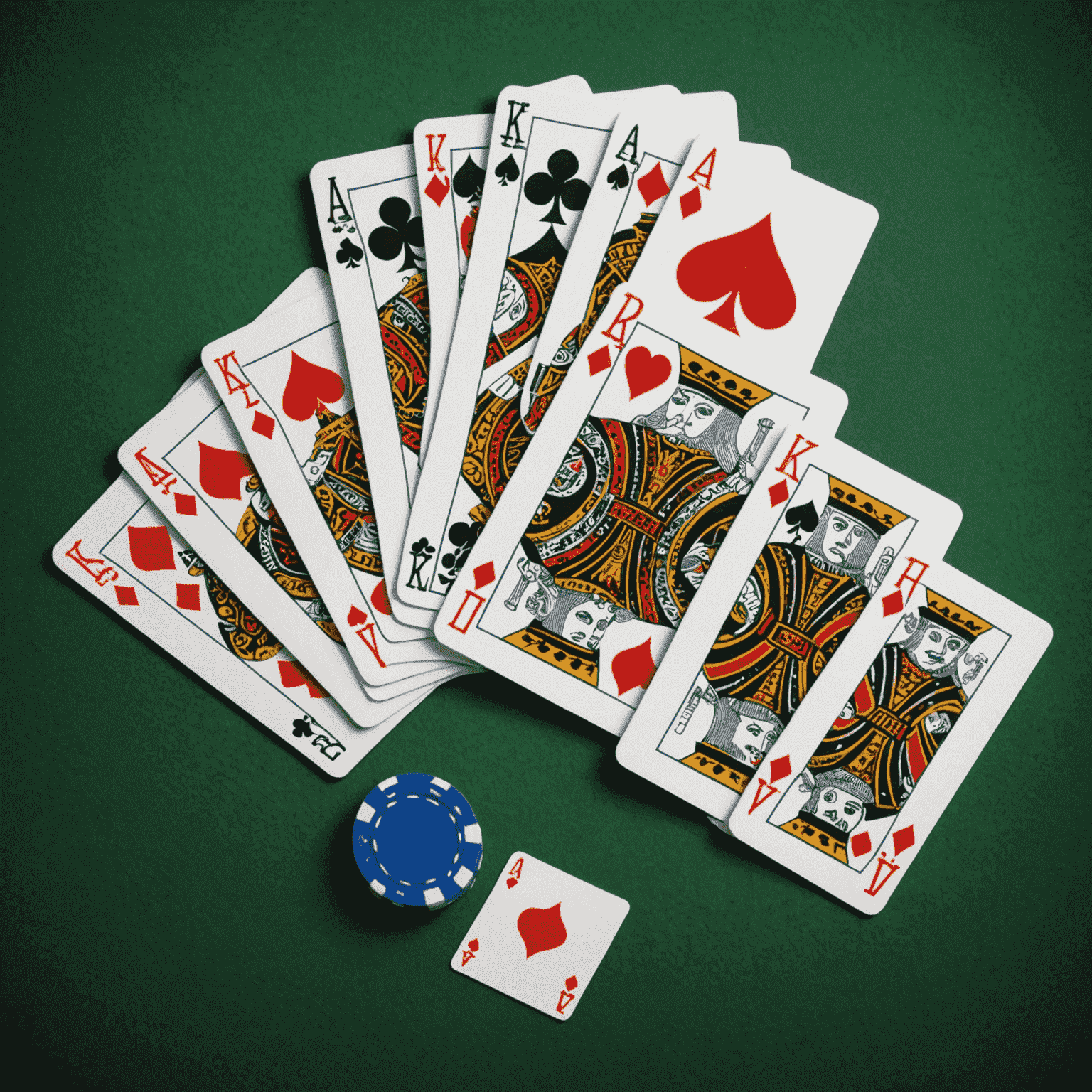 A stylized illustration of various poker hands arranged in a hierarchy. Royal flush at the top, followed by straight flush, four of a kind, etc. Each hand is clearly labeled and visually distinct.