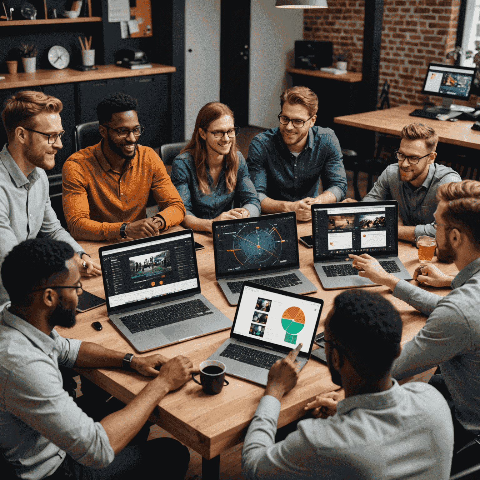 A diverse group of team members engaged in a lively discussion around a table with laptops and tablets showing game analytics and player feedback