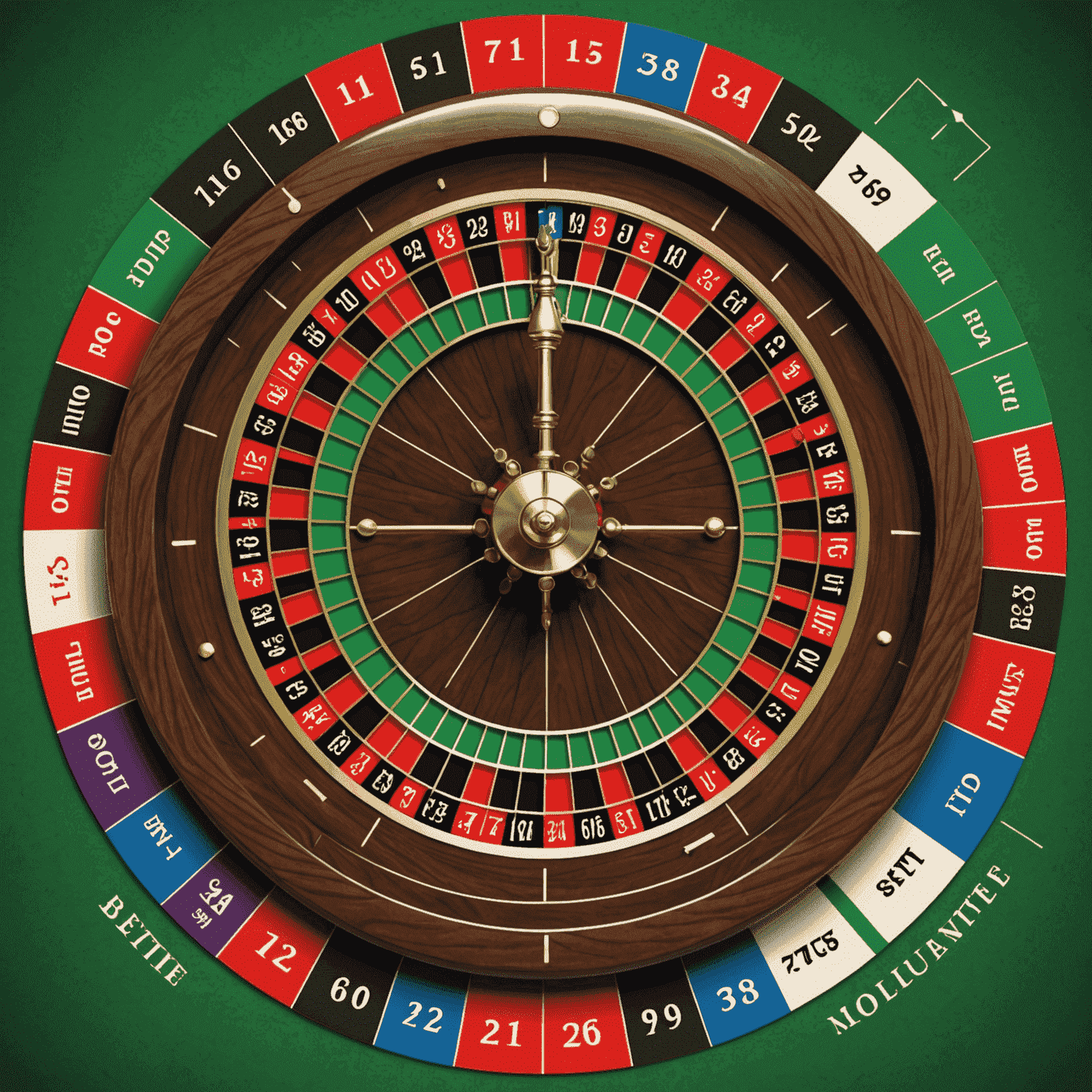 A split image showing a roulette wheel on one side and various betting strategies illustrated on the other. The illustration includes common patterns like Martingale and Fibonacci, with some marked as myths and others as potentially useful.