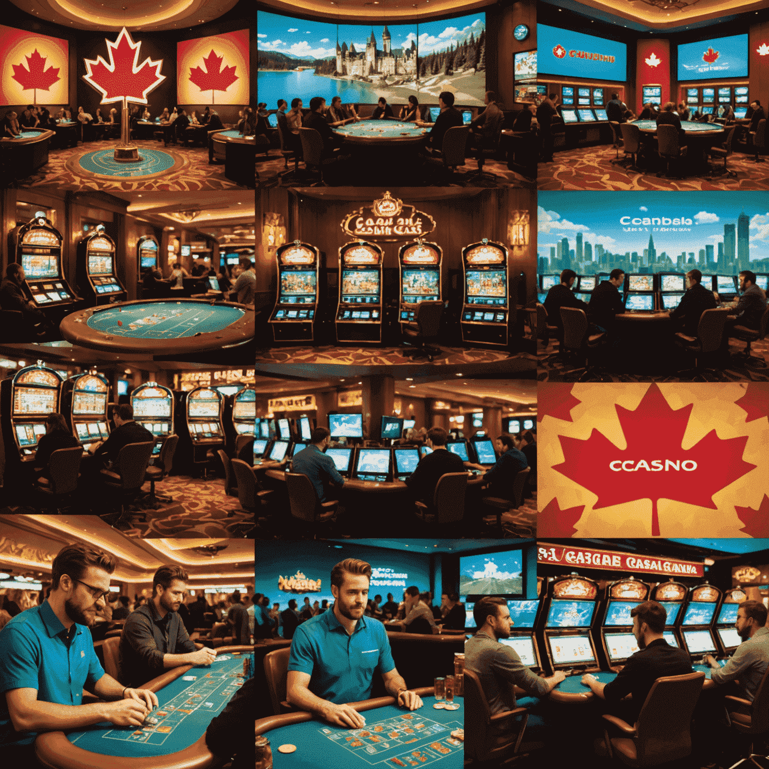 A collage showing Canadian landmarks, game developers at work, and screens displaying social casino game prototypes, set against a maple leaf background.